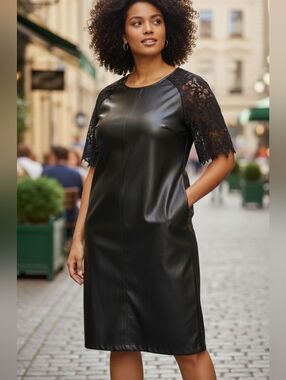 Bar III Black Faux Leather Ponte Dress Lace Sleeves Shift Dress Size Medium NWT